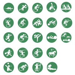 Fototapeta na wymiar para Summer sports pictogram Green circle frame set パラスポーツ ピクトグラム 緑 丸枠,SVG