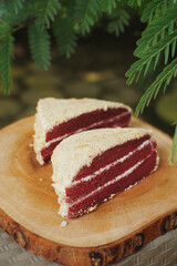 Close up of red velvet cake with green plants in the background.