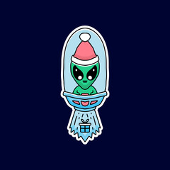 cute alien in Santa hat ride spaceship and take a gift, illustration for stickers and t shirt.