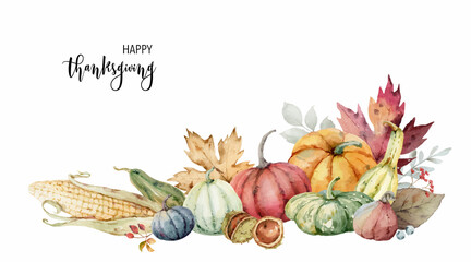 Watercolor vector festive autumn decor of colorful pumpkins, corn, chestnuts and leaves. - obrazy, fototapety, plakaty