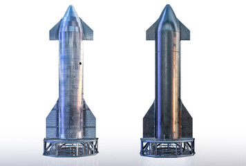 Starship SN20, reusable super heavy lift launch vehicle rocket. Spaceship 3D image without and with heat shield hex tiles thermal protection. Spacex starship spaceflight to the Earth orbit, 