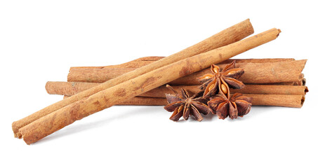 Cinnamon sticks and anise star isolated on white background