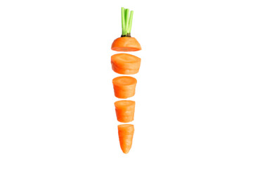Ripe carrots whole and sliced levitate on a white background