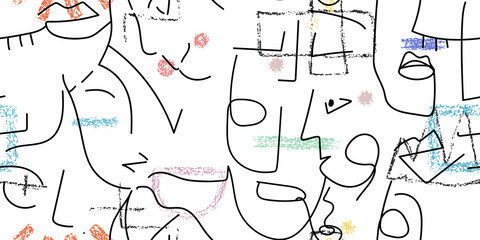 One line drawing. Abstract face seamless pattern.