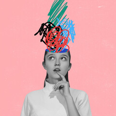 Chaos in girl's head and hurricane of thoughts. Modern design, contemporary art collage. Inspiration, idea, trendy urban magazine style. Line art - obrazy, fototapety, plakaty