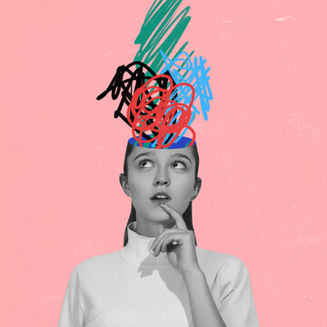 Fototapeta Chaos in girl's head and hurricane of thoughts. Modern design, contemporary art collage. Inspiration, idea, trendy urban magazine style. Line art