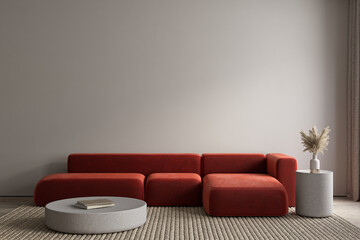 Modern interior with orange sofa and decor. 3d render illustration mockup