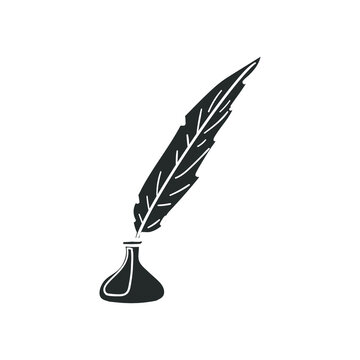 Old Feather Ink Icon Silhouette Illustration. Ancient Literature Vector Graphic Pictogram Symbol Clip Art. Doodle Sketch Black Sign.