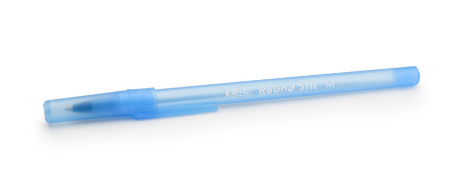 BIC ball blue pen isolated on white.