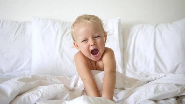 Portrait of cute 2 years old caucasian baby sitting in an adult white bed yawning and throwing himself onto bed