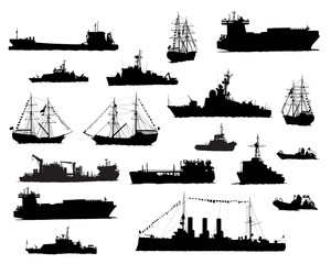Large warship is sailing on the sea. Isolated silhouette on white background - obrazy, fototapety, plakaty