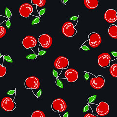 Red cherries with black background seamless summer vector pattern