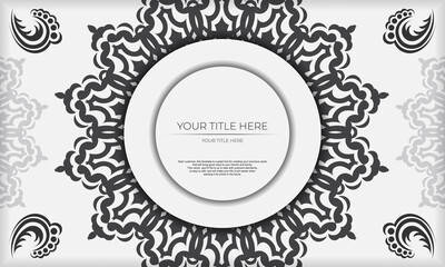 White banner template with black ornaments and place for your design. Invitation card design with mandala patterns.