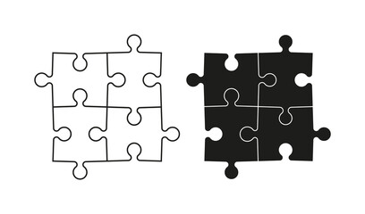 Puzzle icon. Jigsaw with four piece. Logo for logic and business solution. 4 part of puzzle for game. Black pictogram isolated on white background. Symbol of teamwork, combination, strategy. Vector.