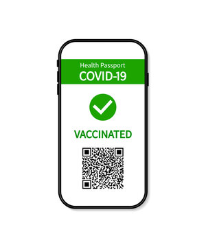 Green pass in covid passport. Certificate of vaccine from corona on smartphone screen. App in phone about immune, test of covid and health. Health passport for travel and control vaccinated. Vector