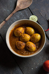 Close up of egg curry or masala gravy with use of selective focus 
