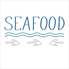 Seafood lettering logo with fish and wave on background. vector illustration