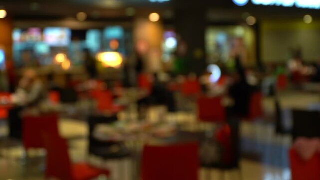 Abstract bokeh background of blurred cafe with people. Defocused background of fast food restaurant