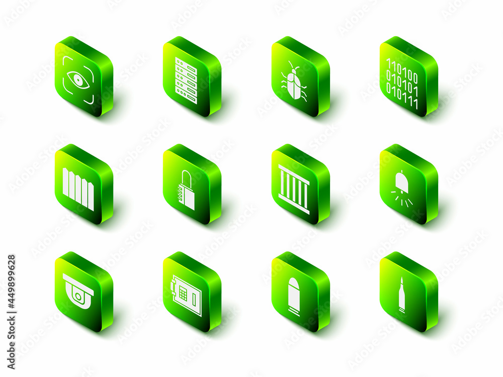 Aufkleber set server, data, web hosting, system bug concept, binary code, ringing alarm bell, bullet, prison w