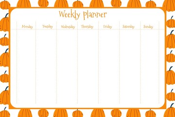 Weekly planner for kids with hand drawn pumpkin background in cartoon naive childish style. Colorful vector fall illustration for stationary, schedule, list, school timetable, extracurricular