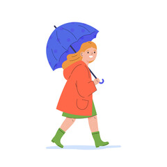 The girl walks in the rain. Happy child in a raincoat under umbrella during rain. Flat vector cartoon illustration isolated on white background.