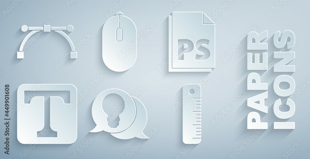 Poster set light bulb with concept of idea, ps file document, text, ruler, computer mouse and bezier curve 