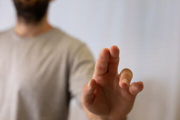 business man presses on touch screen.