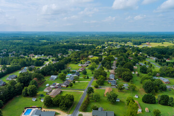 Panoramic residential small village landscape aerial view on streetsand house Boiling Springs town in South Carolina USA