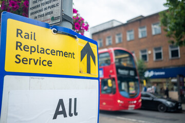 London- Rail Replacement ( Bus) Service sign due to District Line closures in Ealing, West London