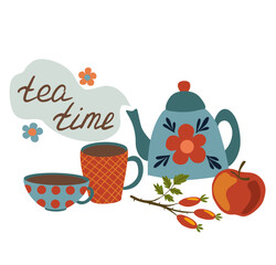 Vector illustration, inscription tea time. Teapot, two cups, apple,berries.  Design element.