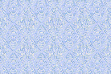 Geometric volumetric convex 3D white pattern. Embossed decorative blue background in traditional oriental, Indian style.Texture with ethnic ornament. Arabesque for design and decoration.
