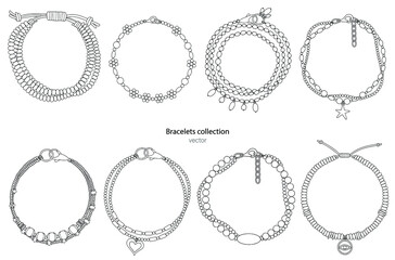 Jewelry set: bracelets with pendants and precious stones. Outline illustration isolated on a white background.