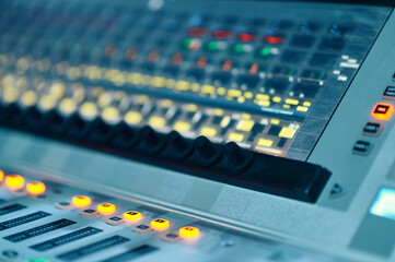 Mixing console, buttons closeup, audio mixer
