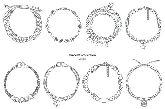 Jewelry set: bracelets with pendants and precious stones. Outline illustration isolated on a white background.
