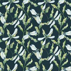 A watercolor pattern with fluttering dragonflies and green twigs of leaves on a dark background. Illustration for fabrics, clothing, packaging, banners, postcards