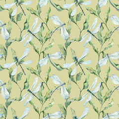 A watercolor pattern with fluttering dragonflies and green twigs of leaves on a yellow background. Illustration for fabrics, clothing, packaging, banners, postcards