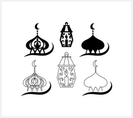 Eid Mubarak set clipart isolated on white. Stencil moon, masjid. Vector stock illustration. EPS 10