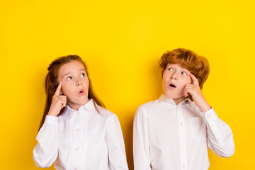 Portrait of brother and sister school pupils look copyspace thinking find idea solution isolated on...