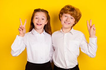 Photo of good mood positive smiling schoolchildren show v-sign back to school isolated on yellow color background