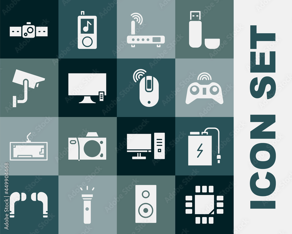 Poster set processor with microcircuits cpu, power bank charge cable, wireless gamepad, router and wi-fi si