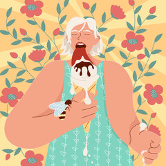 Colorful bright portrait of young woman with ice cream