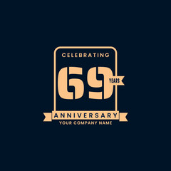 Gold modern 69 year anniversary logo. birthday. Celebration. Celebrating. element. Tape