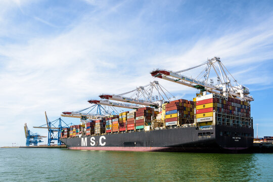 Le Havre, France - June 8, 2021: Rear view of MSC Bettina, one of the largest container ships, being unloaded with super post-panamax gantry cranes in Port 2000 container terminal.