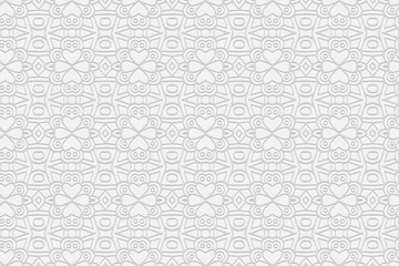 Fototapeta premium 3d volumetric convex embossed geometric white background. Handmade pattern. Ethnic oriental, Asian, Indonesian ornament, abstract arabesque for design and decoration.