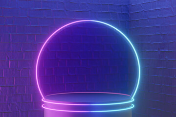 Digital product background. Black round cylinder podium with led light ring place on dark blue pink bricks background. 3D illustration rendering.