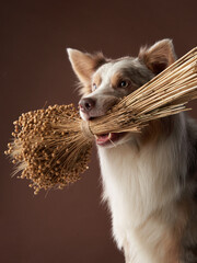 the dog holding flowers in his teeth. Happy Border Collie on a brown background in studio. holiday pet