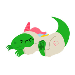Dinosaur sleeps in cute costume of magical unicorn. Image is isolated on white background. Vector illustration for use as design element