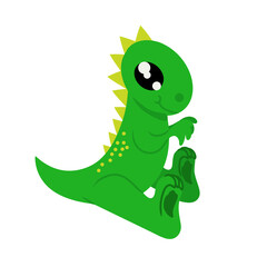 Cute green dinosaur sits on white background. Design element for use in design of clothing menu sites posters. Vector illustration