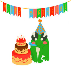 Greeting card with cute frog in a birthday cap and cake with candles. Vector illustration isolated on white background