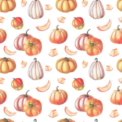 Watercolor red pumpkin and autumn leaves on white background. Seamless patterns